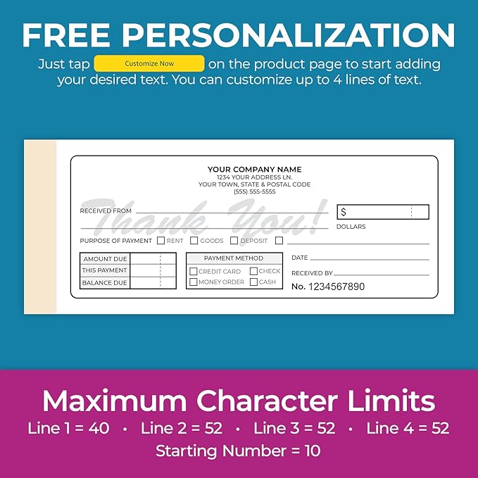 Custom 2.83" x 7" Carbonless NCR Books in 2-Part Duplicate Invoices, Receipts, Work Orders, Sales Orders, Purchase Orders, Estimates, Quote Forms with Your Company/Business Name (150 Sets)