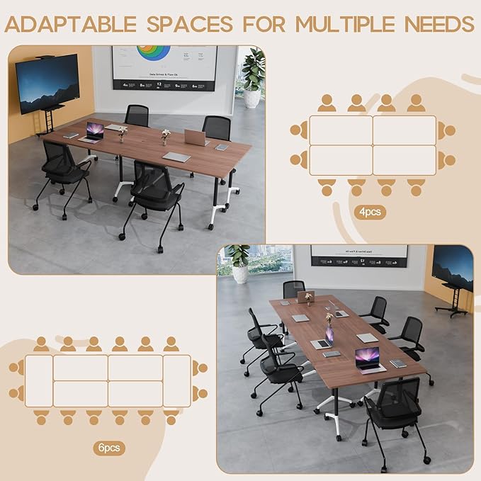 Folding Conference Table 4ft 5ft, Foldable Office Meeting Desk for 6 People, Multiple Sizes Colors Mobile Conference Room Table for Training Room School Business Furniture (6, Walnut, 63in)