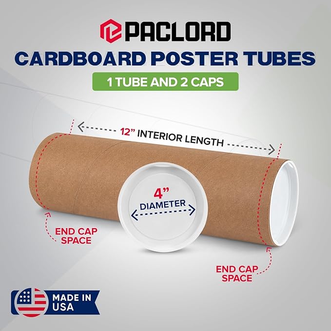 Paclord 4" x 12" Reinforced Kraft Paper Mailing Tube, Pack of 1 Tube with 2 Caps – Secure USPS Approved Poster Tube – Cardboard Tube for Shipping and Storing Posters, Prints, Artwork, or Documents