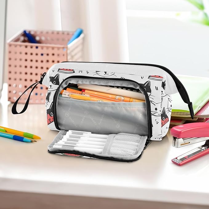 Bolaz Big Capacity Pencil Pen Case Pouch Bag School College Office Organizer for Teens Girls Adults Student-Cartoon Cat and Watermelon