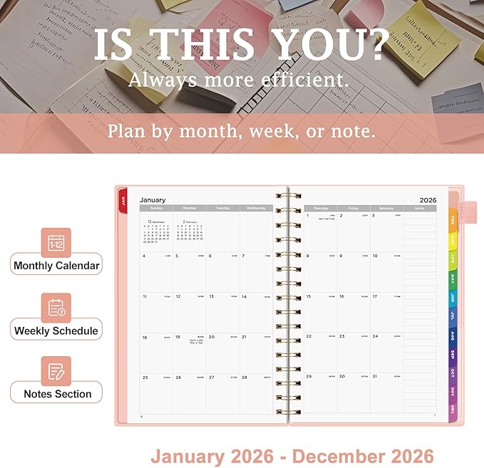 EMSHOI 2026 Planner Weekly and Monthly, Week on One Page with Notes, A5 (5.7"x8.3"), Jan-Dec 2026 Calendar Agenda with Monthly Tabs, Note Pages, 100GSM Thick Paper, Flexible Cover, Pink