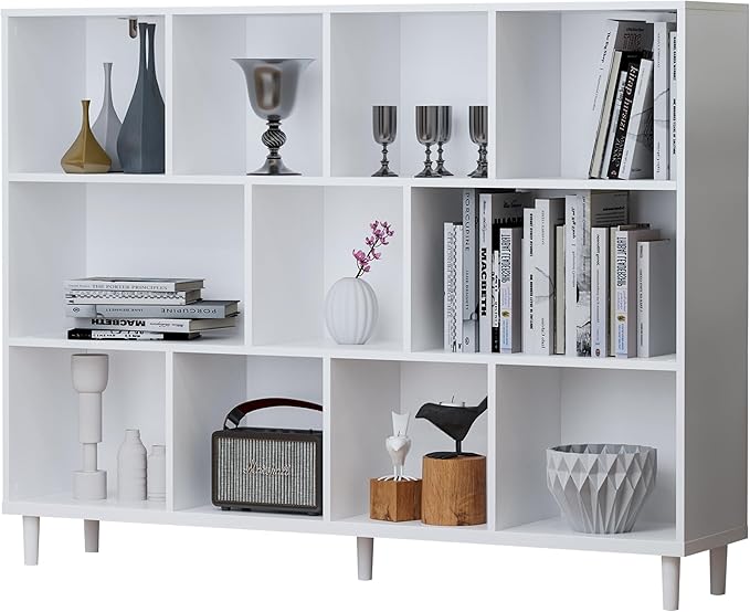 Chyanmoo Wood Cube Storage Organizer White Bookshelf - 3-Tier Freestanding Storage Cabinet with Legs for Home Office, 11-Cubes Open Shelf