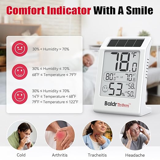 BaldrTherm Room Thermometer Indoor Humidity Meter, Solar-Powered 3.2'' Digital Temperature Sensor Monitor with Max/Min Reading, Comfort Indicator for Baby Room, Home, Office, White, 1Pack