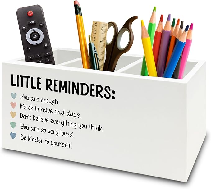 XPH Little Reminders Inspirational Pen Pencil Holder Organizer for Desk, Positive Gifts, Mental Health Motivational Wooden Box Sign for Therapy Counselor Office Classroom Desk Tabletop Decorations