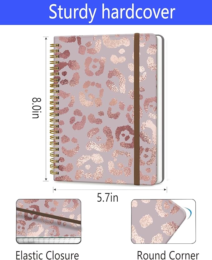 DHGPTS Spiral Journal Notebook, A5 Cute Notebooks for Women Men, College Ruled Hardcover Notebook for Work & Note Taking, 60 Pages Double-Wire Journals for Writing, Pink Glitter Leopard