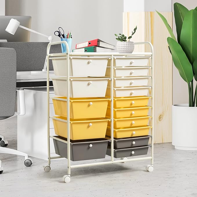 COSTWAY 15 Drawer Rolling Storage Cart, Multipurpose Mobile Storage Organizer w/Removable Drawers & Metal Frame, Utility Tools Paper Organizer on Wheels for Home, Office (Yellow, Beige & Grey)