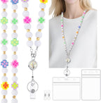 Teacher Lanyard with ID Holder Cute Flower Wooden Beaded Lanyards for ID Badge Holders Retractable Badge Reel Keys Eyeglass Chains