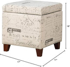 Adeco Fabric Script Pattern Cube Storage Footstool, Hinged Lid, Solid Wood Legs, 18" Height Ottomans & Storage Ottomans, Cream White