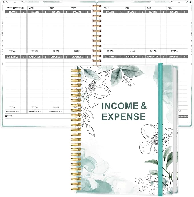 Heveboik Income & Expense Log Book - A4 Income and Expense Tracker for Small Business, Accounting Bookkeeping Tracking for Woman and Man, 8" x 10.5", Teal Floral