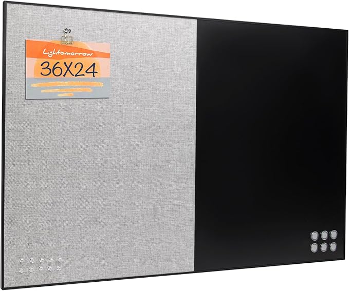 Lightomorrow Bulletin Board 36 x 24 inches, Black Board & Grey Fabric Board Combo, Black Aluminum Framed Linen Vision Board with 10 Push Pins