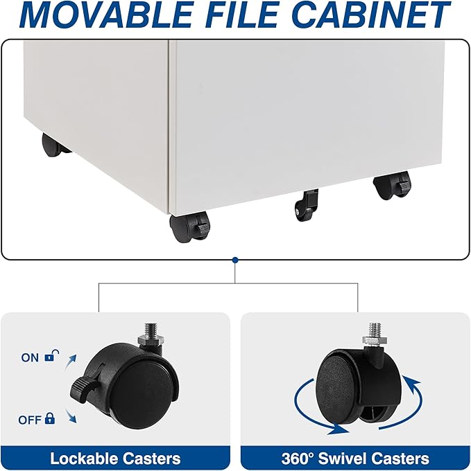 Fesbos 3 Drawer Vertical File Cabinets, Mobile Filling Cabinet with Lock for Legal/Letter Size, Pre-Built Office Storage File Cabinet with Wheels Under Desk - Fully Assembled