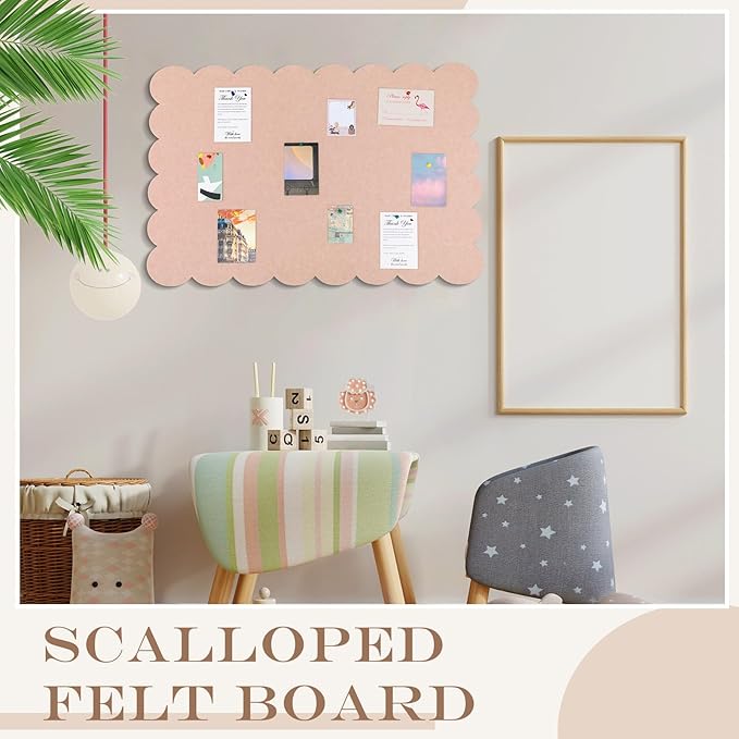 Mooliwe Scalloped Felt Bulletin Board 36 x 24 Inches Foldable Flesh Pink Pin Cork Board Alternative for Wall, 3' x 2' Trifold Picture Vision Self Adhesive Bulletin Decorative