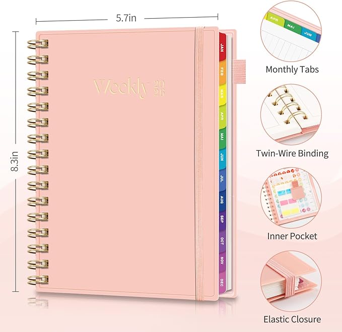 EMSHOI 2026 Planner Weekly and Monthly, Week on One Page with Notes, A5 (5.7"x8.3"), Jan-Dec 2026 Calendar Agenda with Monthly Tabs, Note Pages, 100GSM Thick Paper, Flexible Cover, Pink