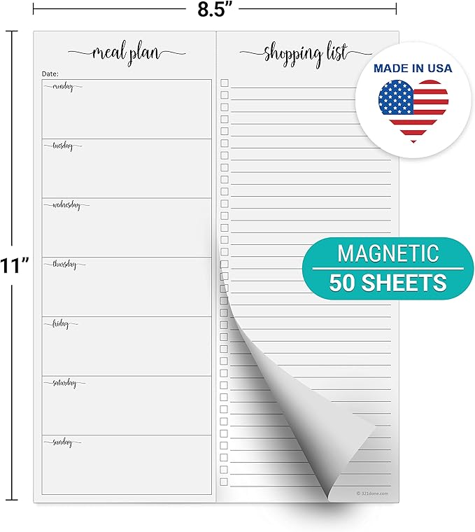 321Done Magnetic Meal Planning Notepad - Large Letter Size (8.5x11) Weekly Menu Planner Tear-Off Refrigerator Fridge Shopping List Meals Grocery Memo Pad - Perforated Monday Start, Made in USA