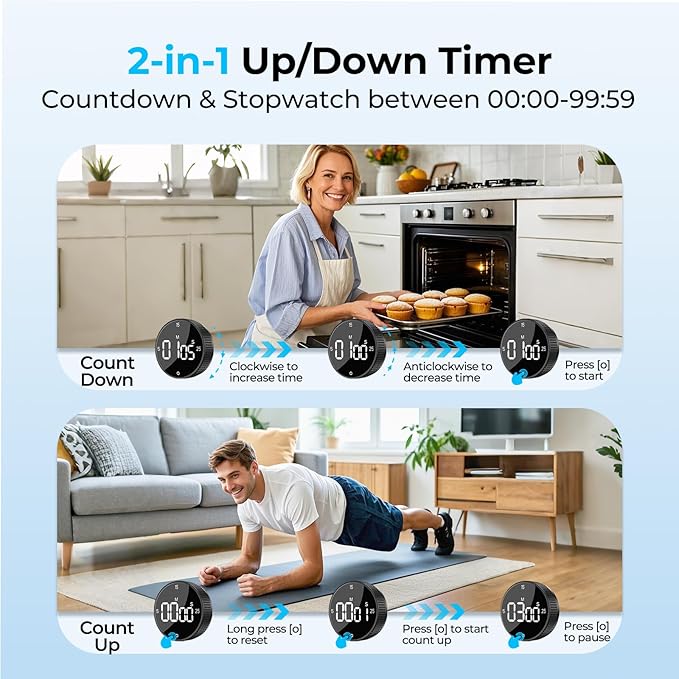 Allbean Digital Kitchen Timer, Large Display Magnetic Countdown Countup Timer, 3 Preset Times (5, 15, 25),Volume & Brightness Adjustable for Cooking Classroom Studying, Easy for Kids(Gunmetal 1PCS)