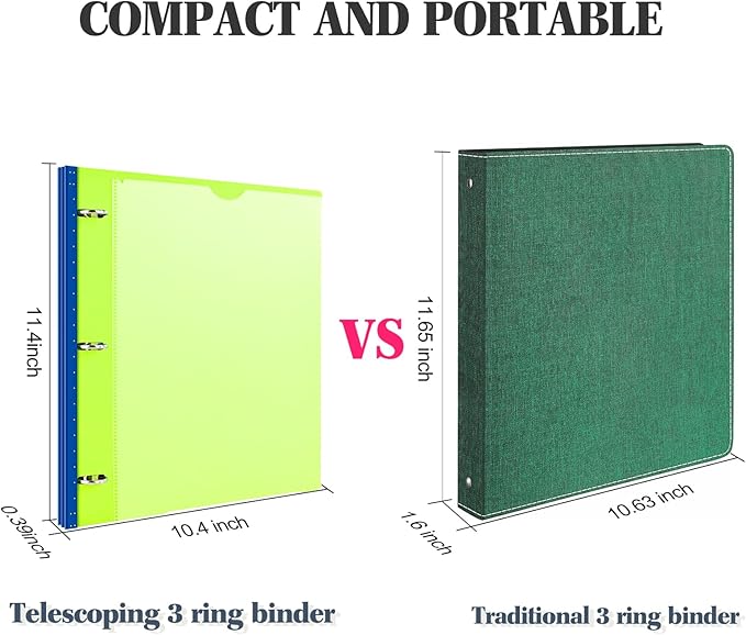 INFUN 1 Inch Telescoping 3 Ring Binder - 12 PCS, Flexible Round Binder with Customizable Front Cover and Clear Catalog Pocket, 1 Inch Rings, 225 Sheet Capacity- Green, Red, Orange, Blue