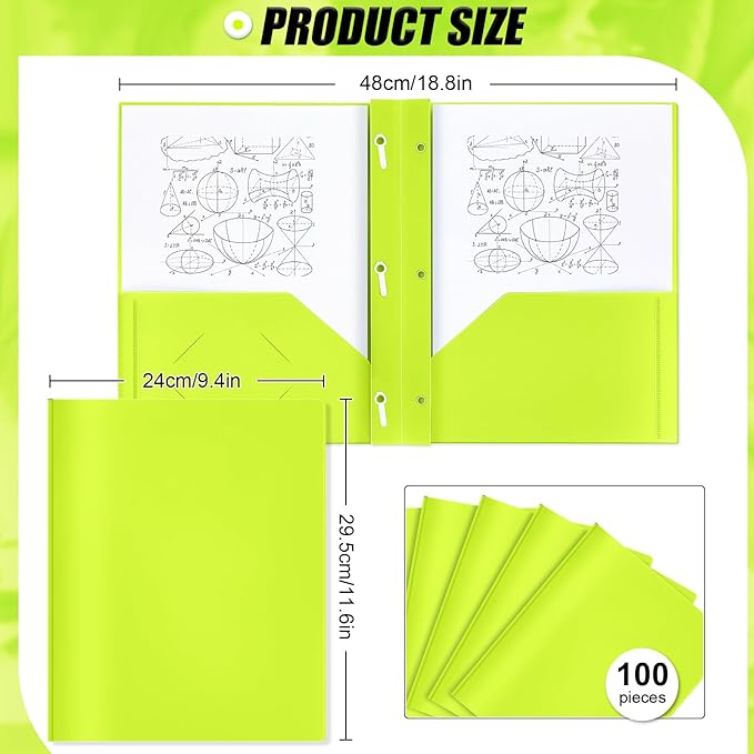 Lincia 100 Pcs Plastic Folders with Pockets and Prong Folders with Prongs 2 Pockets for Office, School for Students, Teachers, Office Workers(Fluorescent Green)