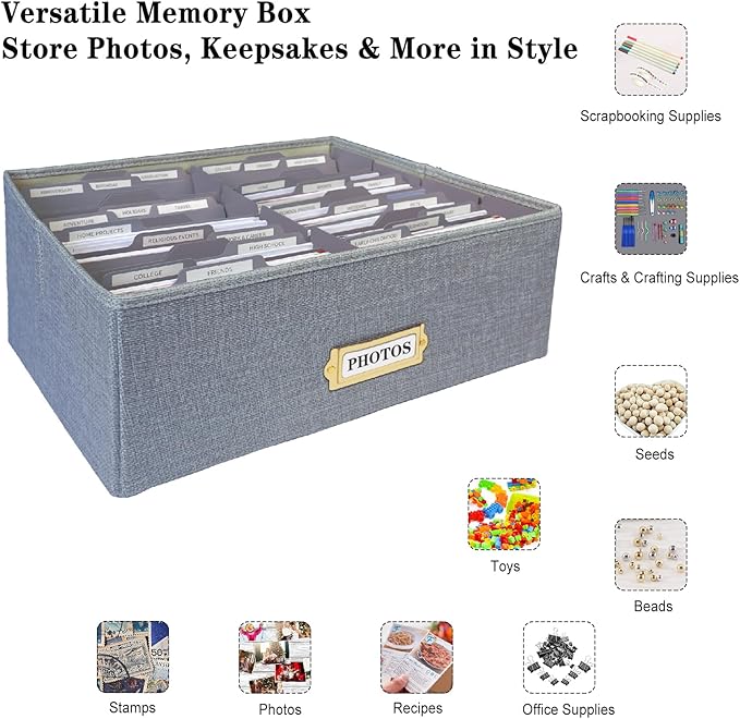 Sprsthai Linen Photo Storage Box – Holds 1700 Photos, 24 Adjustable Dividers & 72 Labels Multi-Use Organizer for Photos, Envelopes, Recipes Beige