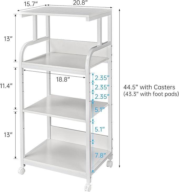 Fannova 4 Tier White Printer Stand Table with Adjustable Shelves, Movable Printer Shredder Stand with Wheels for Home Office Storage and Organization, Rolling Cart for Computer Tower CPU
