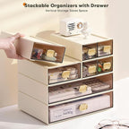 DETEIN 2PACK Stackable Desktop Storage Organizer Plastic Desk Organizer with Drawer Stacking Drawer for Home, Makeup, Vanity, Garage,Office, and Small Organization(M - 2 Drawer, Cream White)