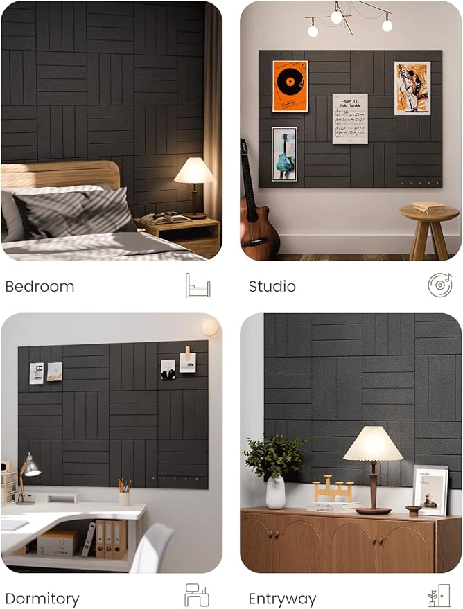 Fluxynara Felt Bulletin Board Tiles Large 48"x36"Cork Board Alternative-12 Pack with 70 Adhesive Tabs, Thick Slat Wall Panels for Office Decor, Push Pin Board Wall Organizer Alternative-Charcoal Gray