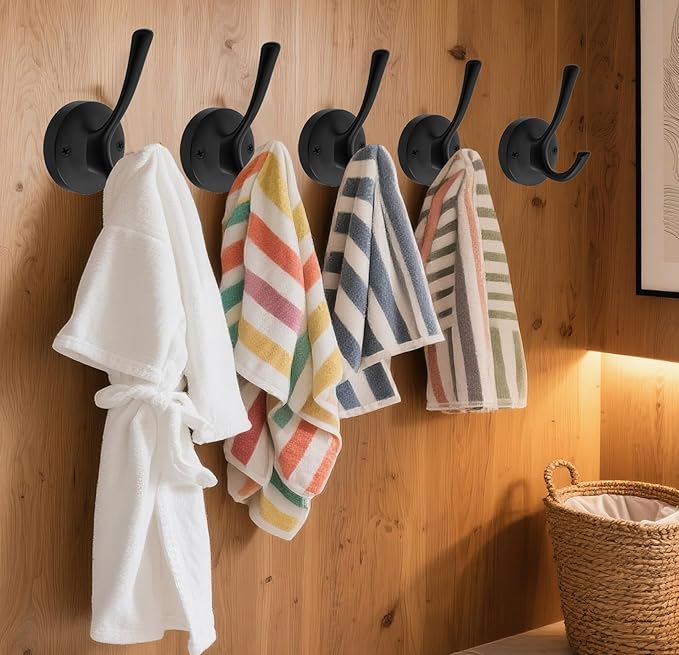 TOFIIGREM Black Wall Hooks, 6 Pack Coat Towel Hook Heavy Duty Metal Double Bath Robe Hook Wall Mounted, Hat Hooks for Cubicle Bathroom Kitchen Closet Garage