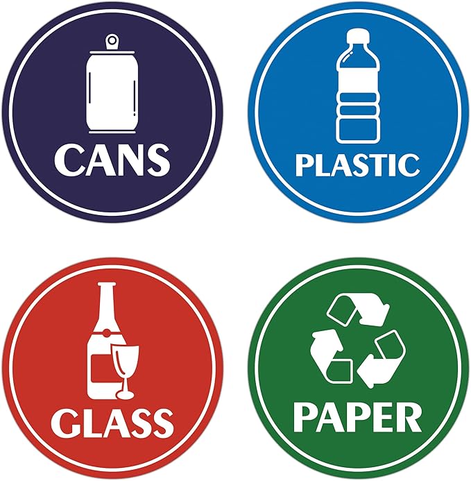 4PCS Recycle Stickers for Trash Bins,Self-adhesive Waterproof Trash Recycle Stickers, Recycling Labels for Trash Can for Home, Office, Apartment, Hotel, School and Public Area