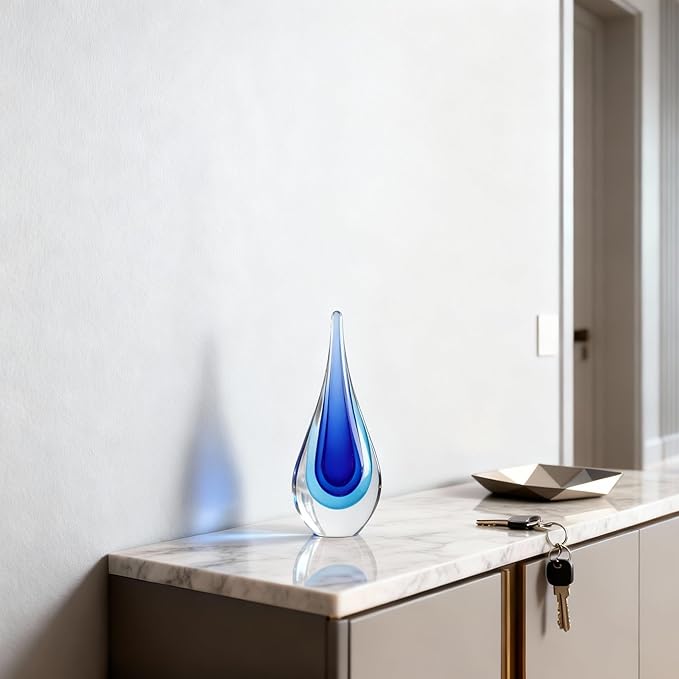 DOVDOV Blown Glass Sculpture, Blue Glass Art Collectible Statue, Unique Teardrop Ornament, Suitable for Office, Bookshelf, Dressing Table, Living Room Coffee Table, or Mantelpiece Display.