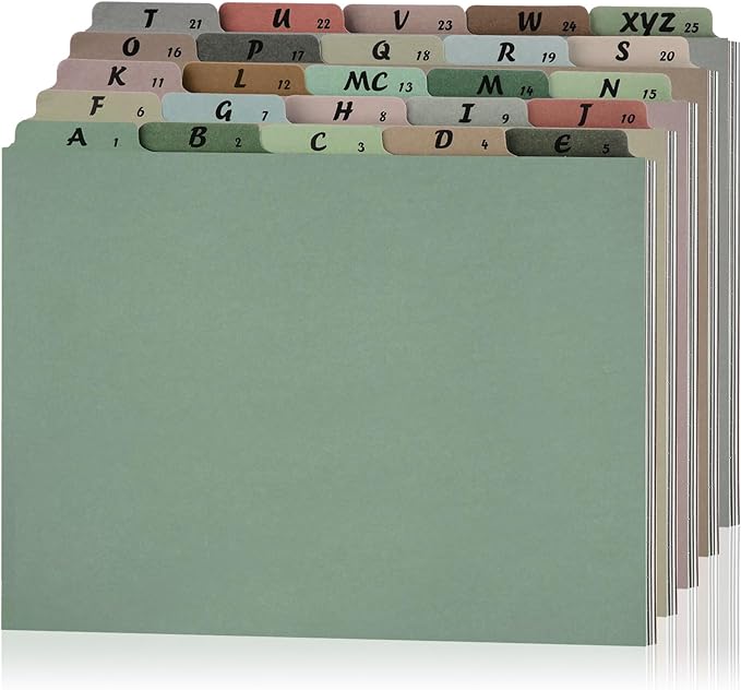 Noveread 1 Set 25 Alphabet File Dividers A-Z Top Tab Letter Size 1/5 Cut Tab Positions Alphabetical Number File Folder Organizer Guides Cabinet and Desk Dividers for School Office Home(Morandi)