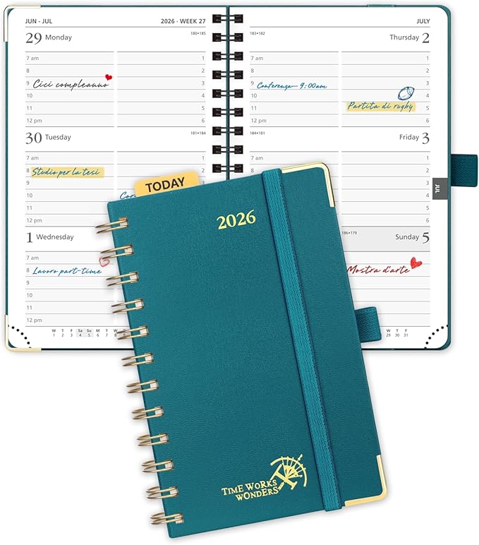 POPRUN 2026 Pocket Planner with Hourly Time Slots for Purse, (Small Size-4'' x 6.25'') - Daily Weekly and Monthly Calendar Agenda 2026 Appointment Book with Inner Pocket, 100 GSM - Pacific Green