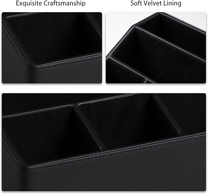 Cretkhp Remote Control Holder with 5 Compartments for Office Art Supplies, PU Leather Nightstand Organizer Pencil Pen Desk Caddy for Home, Desktop TV Remote Control Organizer Storage (Black)