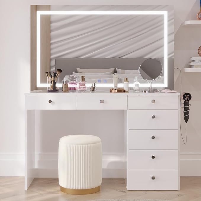 Boahaus Cersei White Velvet Vanity Ottoman with Hidden Storage, Makeup Chair for Vanity Desk, Elegant Foot Rest Stool with Gold Base for Bedroom, Living Room & Dressing Area (Pure White)