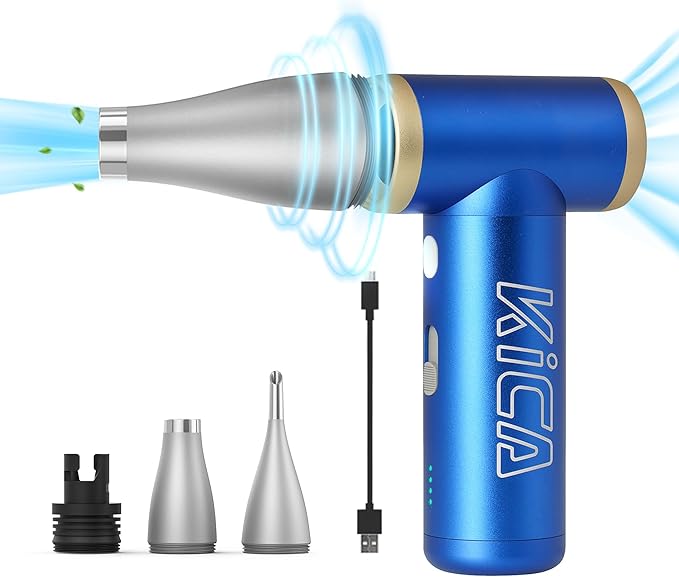 KiCA Electric Air Duster - Jet Fan 2S Rechargeable Air Duster, 117000RPM Brushless Motor, Metal Shell, 56 MPH Wind Speed, Jet Dry Blower for Keyboard, PC, Car & Home Cleaning (Blue)