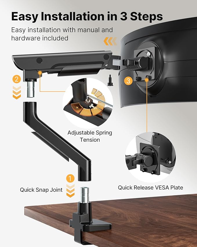 monTEK Sleek Aluminum Monitor Arm for 17–57” Ultrawide Screens up to 59.4 lbs, Heavy Duty Single Monitor Arm Desk Mount, Pneumatic Lift, Quick-Release Plate, Clamp/Grommet, Max VESA 100x100
