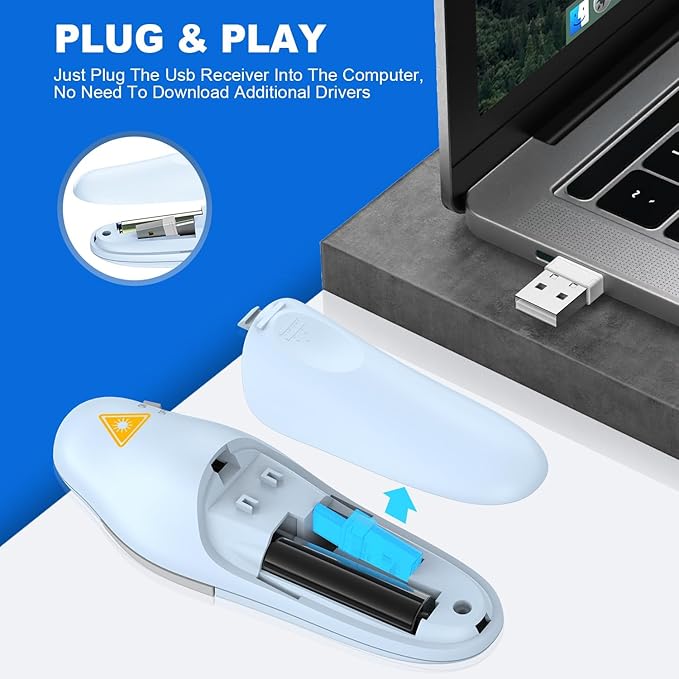 QUI Presentation Clicker Wireless Presenter Remote Clicker for PowerPoint Presentation Remote, PowerPoint Slide Advancer for Mac/Windows/Linux, Google Slide/PPT/Keynote, USB A&C, Blue
