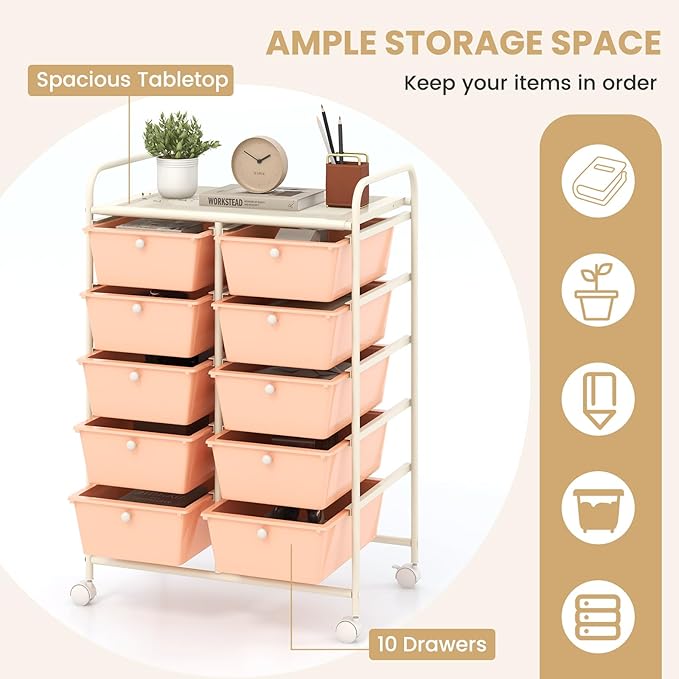 LDAILY 10 Drawer Rolling Cart, Storage Cart Organizer on Wheels, Drawer Cart with Metal Frame & Large Storage Capacity, Rolling Cart with Drawers for Living Room Classroom, Office