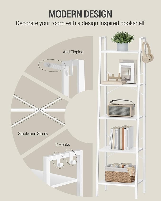 Hzuaneri Ladder Shelf, Bookshelf Bookcase, Freestanding Corner Storage Shelve with 2 Hooks for Home Office, Living Room, Kitchen, Bedroom, Industrial, 11.8" D x 17.3" W x 63" H, White BC19213W