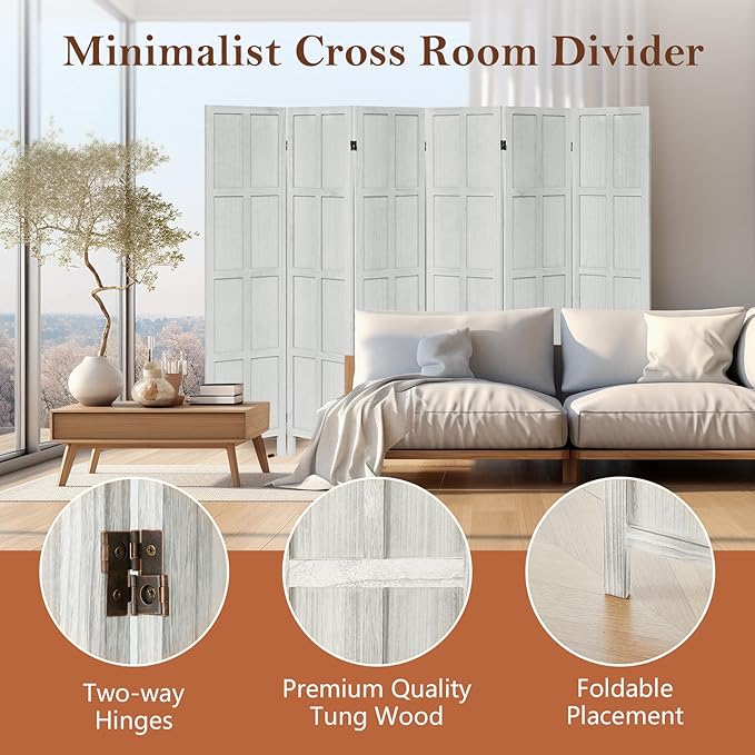 Leesinwing Wood Room Divider 6 Panel Folding Privacy Screen, Classic 5.6Ft Indoor Wooden Partition, Portable Partition Wall Divider for Room Separation, Home, Office, Bedroom, Restaurant (White)