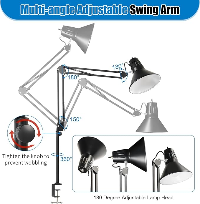 DXOVEEN LED Clamp on Desk Lamp,360°Adjustable Swing Arm Desk Lamp,Clamp Light with Eye-Caring LED Bulb for Home Office Reading Drafting