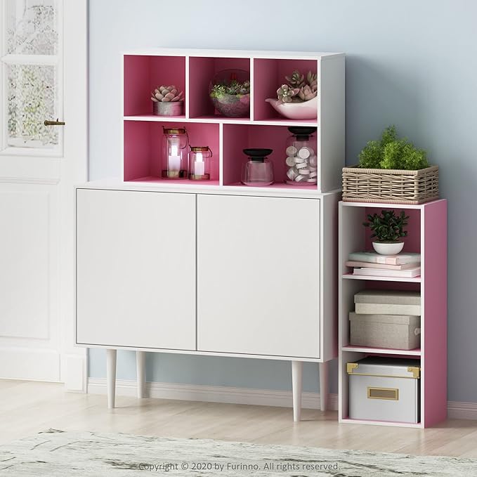 Furinno LUDER Book Shelf, 5-Cube Bookshelf, Reversible Bookcase, 9.4 x 19.5 x 31.5, for Living Room, Bedroom, Home Office, White/Pink