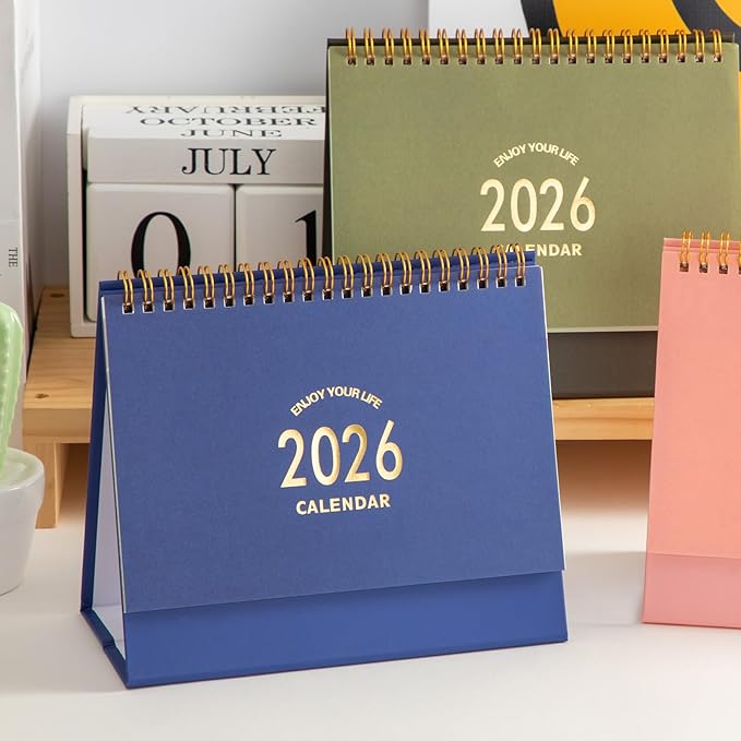 Small Desk Calendar 2026, Standing Flip Desktop Calendar from Now to December 2026 - Metal Ring Twin-Wire Binding Monthly Desktop Calendar for Home Office School (Blue)