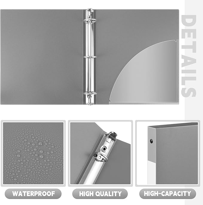 Henoyso 48 Pcs 3 Ring Binder 0.5 Inch Round Fits Letter Size 8.5'' x 11'' Paper Plastic Flexible Binder Bulk Holds 140 Sheets with 1 Pockets Versatile Organizer for Home Office School (Gray)