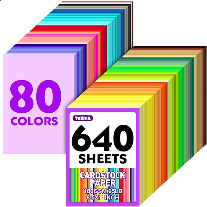 640 Sheets 8.5" X 11" Colored Cardstock, 80 Assorted Colors 180 GSM/65 LB Construction Paper Card Stock Printer Paper for Printing, Card Making, DIY Crafts, Kids School Supplies,Party Decorations