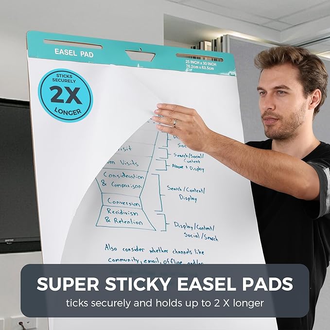 FAHKNS Sticky Easel Pad，Large 25x30 Inch Self-Adhesive Teacher'S Flip Chart Paper, Easel Pad with Dry Erase Surface for Classroom/Office, White, 30 Sheets/Pad, 10Pads/Pack, 300 Sheets