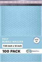Light Blue Poly Bubble Mailers 7.25x12 inch #1 | Self Seal Padded Envelopes | Cushioned Bubble Mailer | Usable Size 7.25x11 | WaterProof | Lightweight mailing Shipping Bags | 100 Pack Bulk