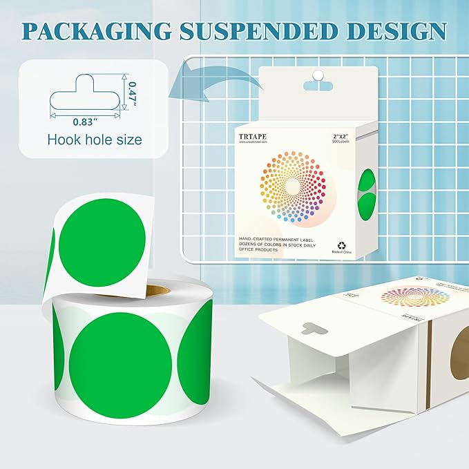2 Inch Round Color Coding Labels (500 Count) - Green Dot Stickers Circle Labels with Dispenser Box for Warehouse, Filing, Industrial, Office Organization