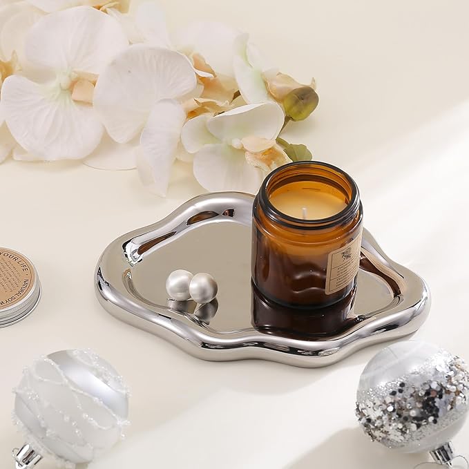 CCINPPY Ceramic Jewelry Tray Trinket Dish, Decorative Cloud Vanity Key Tray for Women, Ring Holder Dish, Cute Jewelry Plate Bowl Room Decor Aesthetic, Silver, Medium