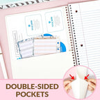 SUNEE Spiral Notebook, 1-Subject, College Ruled Paper, 8" x 10-1/2", 100 Sheets per Notebook, 3-Hole Punched Paper, Water Resistant Cover, Double-sided Pockets, Spiral Lined Notebooks for Work, Pink