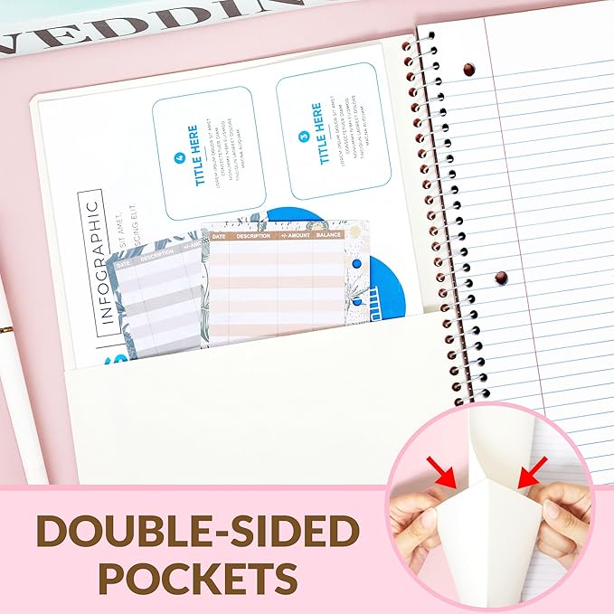SUNEE Spiral Notebook, 1-Subject, College Ruled Paper, 8" x 10-1/2", 100 Sheets per Notebook, 3-Hole Punched Paper, Water Resistant Cover, Double-sided Pockets, Spiral Lined Notebooks for Work, Pink