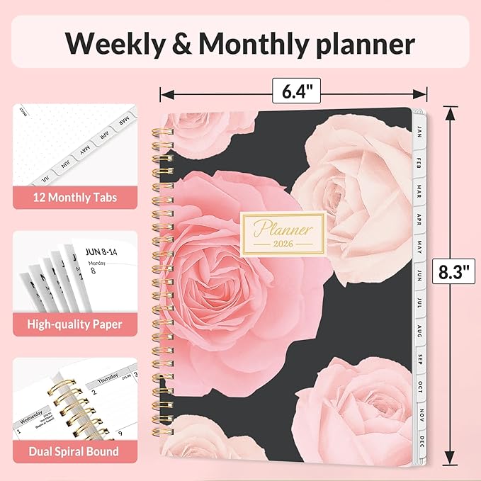 SUNEE 2026 Planner, Weekly and Monthly Calendar Planner, January 2026-December 2026, Daily Agenda with Tabs, Note Pages, Spiral Binding, 6.4"x8.3", Colorful Flowers